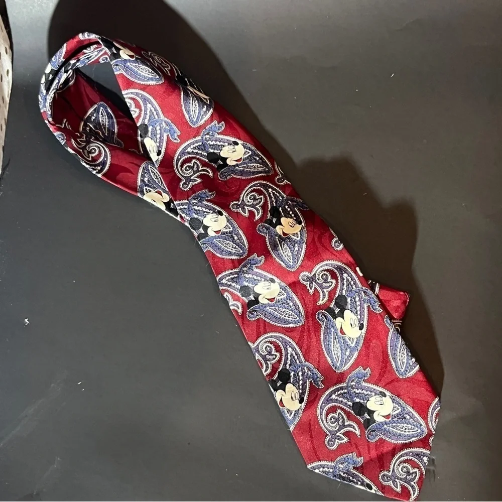 Vintage burgundy and blue paisley print Mickey Mouse tie small mark shown